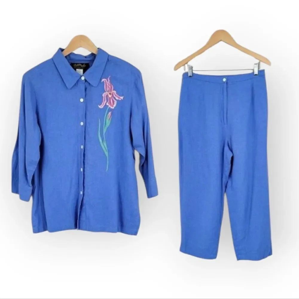 Bob Mackie Vintage 90s Blue Linen Rayon Button Down Top and Cropped Pants